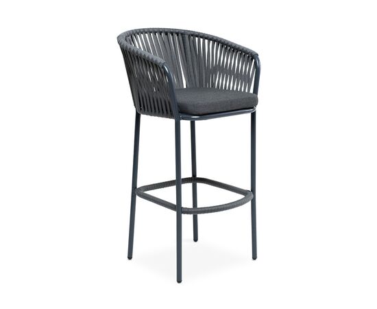 "Бордо" стул барный плетеный из роупа, каркас из стали темно-серый (RAL7024) муар, роуп серый 15мм, ткань темно-серая 027, изображение 2 | Интернет магазин мебели и декора LifeDekor