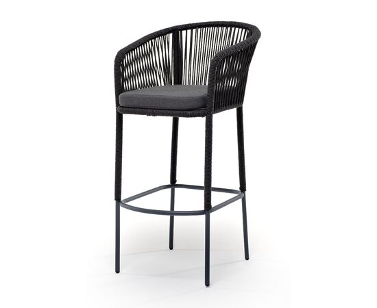 "Марсель" стул барный плетеный из роупа, каркас из стали темно-серый (RAL7024) муар, роуп темно-серый круглый, ткань темно-серая 027 | Интернет магазин мебели и декора LifeDekor