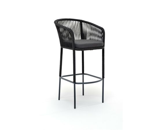 "Марсель" стул барный плетеный из роупа, каркас из стали темно-серый (RAL7024) муар, роуп темно-серый круглый, ткань темно-серая 027, изображение 2 | Интернет магазин мебели и декора LifeDekor