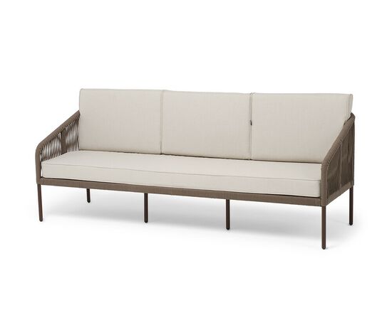 "Канны" диван 3-местный плетеный из роупа, каркас алюминий коричневый (RAL8016) муар, роуп коричневый круглый, ткань бежевая 15052 | Интернет магазин мебели и декора LifeDekor