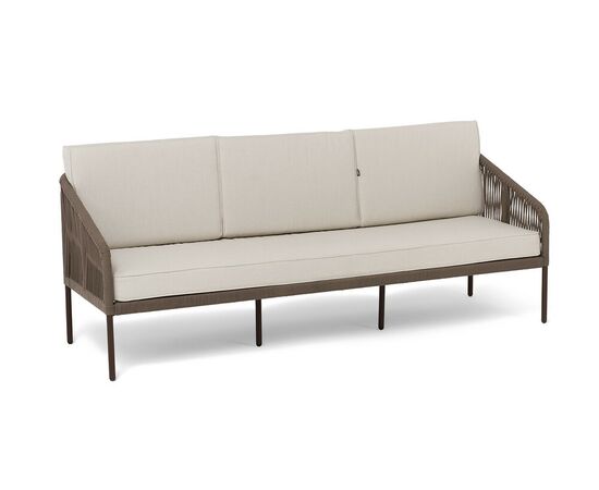 "Канны" диван 3-местный плетеный из роупа, каркас алюминий коричневый (RAL8016) муар, роуп коричневый круглый, ткань бежевая 15052, изображение 3 | Интернет магазин мебели и декора LifeDekor