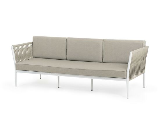 "Касабланка" диван 3-местный плетеный из роупа, каркас алюминий белый муар, роуп бежевый 20мм, ткань бежевая 15052 | Интернет магазин мебели и декора LifeDekor