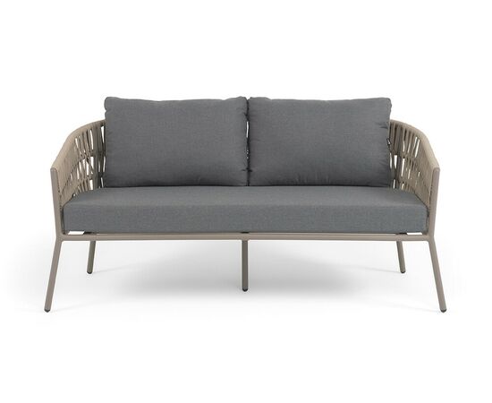"Комо" диван 2-местный плетеный из роупа, каркас алюминий бежево-серый (RAL7006) муар, роуп серо-коричневый 23мм, ткань темно-серая 027, изображение 3 | Интернет магазин мебели и декора LifeDekor