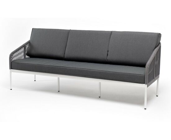 "Канны" диван 3-местный плетеный из роупа, каркас алюминий белый муар, роуп светло-серый круглый, ткань темно-серая 027 | Интернет магазин мебели и декора LifeDekor