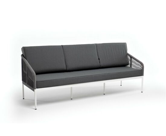 "Канны" диван 3-местный плетеный из роупа, каркас алюминий белый муар, роуп светло-серый круглый, ткань темно-серая 027, изображение 2 | Интернет магазин мебели и декора LifeDekor