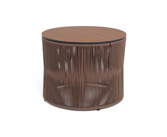 "Авиньон" журнальный стол из HPL круглый Ø70 H55, каркас из алюминия коричневый (RAL8016) муар, цвет "дуб", роуп коричневый круглый | Интернет магазин мебели и декора LifeDekor