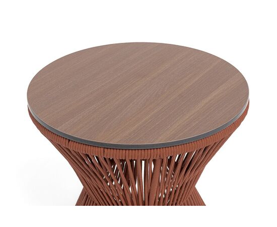 "Мадрид" журнальный стол из HPL круглый Ø50 H55, каркас из алюминия коричневый (RAL8016) муар, цвет "дуб", роуп красный (8372) круглый tex, изображение 2 | Интернет магазин мебели и декора LifeDekor