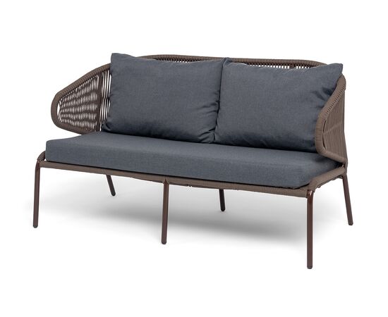 "Милан" диван 2-местный плетеный из роупа, каркас алюминий коричневый (RAL8016) муар, роуп коричневый круглый, ткань темно-серая 027 | Интернет магазин мебели и декора LifeDekor