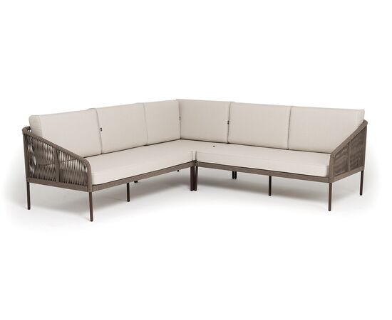 "Канны" диван модульный плетеный из роупа, каркас алюминий коричневый (RAL8016) муар, роуп коричневый круглый, ткань бежевая 15052, изображение 2 | Интернет магазин мебели и декора LifeDekor