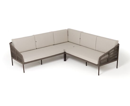 "Канны" диван модульный плетеный из роупа, каркас алюминий коричневый (RAL8016) муар, роуп коричневый круглый, ткань бежевая 15052, изображение 3 | Интернет магазин мебели и декора LifeDekor