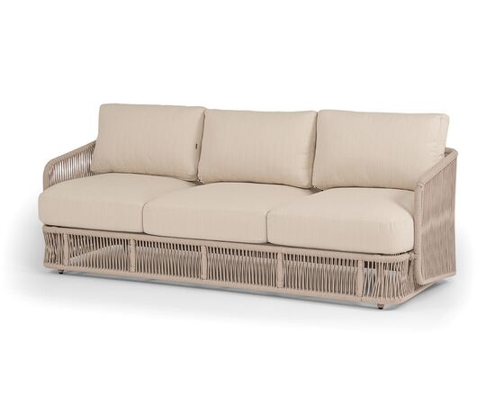 "Альбано" диван 3-местный плетеный из роупа, каркас алюминий светло-серый (RAL7035) муар, роуп бежевый круглый, ткань Mossle светло-бежевая | Интернет магазин мебели и декора LifeDekor