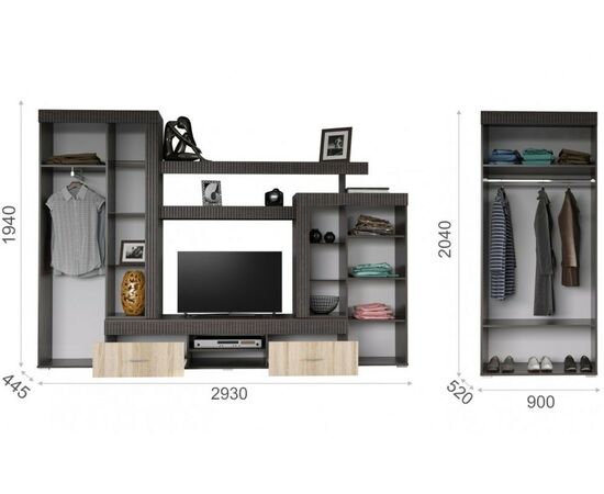 Стенка «Марк», Тик/дуб сонома, изображение 8 | Интернет магазин мебели и декора LifeDekor