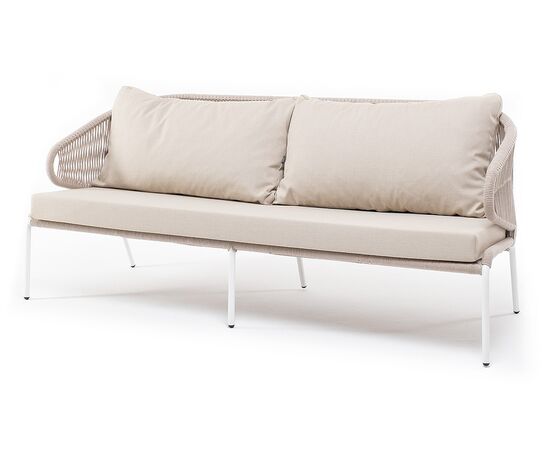 "Милан" диван 3-местный плетеный из роупа, каркас алюминий белый муар, роуп бежевый круглый, ткань бежевая 15052 | Интернет магазин мебели и декора LifeDekor