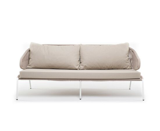 "Милан" диван 3-местный плетеный из роупа, каркас алюминий белый муар, роуп бежевый круглый, ткань бежевая 15052, изображение 3 | Интернет магазин мебели и декора LifeDekor