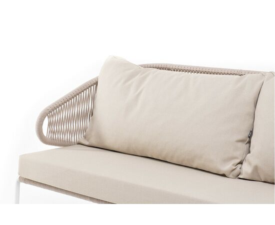 "Милан" диван 3-местный плетеный из роупа, каркас алюминий белый муар, роуп бежевый круглый, ткань бежевая 15052, изображение 4 | Интернет магазин мебели и декора LifeDekor