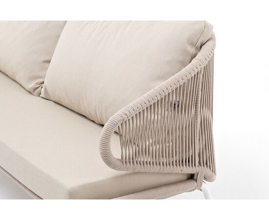 "Милан" диван 3-местный плетеный из роупа, каркас алюминий белый муар, роуп бежевый круглый, ткань бежевая 15052, изображение 5 | Интернет магазин мебели и декора LifeDekor