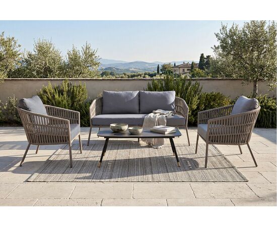 "Комо" лаунж-зона 4-местная плетеная из роупа (веревки), каркас алюминиевый бежево-серый, роуп серо-коричневый | Интернет магазин мебели и декора LifeDekor