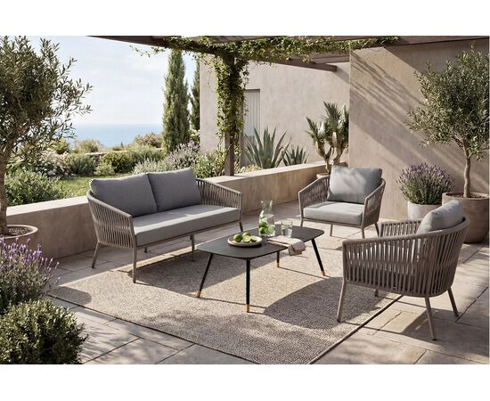 "Комо" лаунж-зона 4-местная плетеная из роупа (веревки), каркас алюминиевый бежево-серый, роуп серо-коричневый, изображение 2 | Интернет магазин мебели и декора LifeDekor